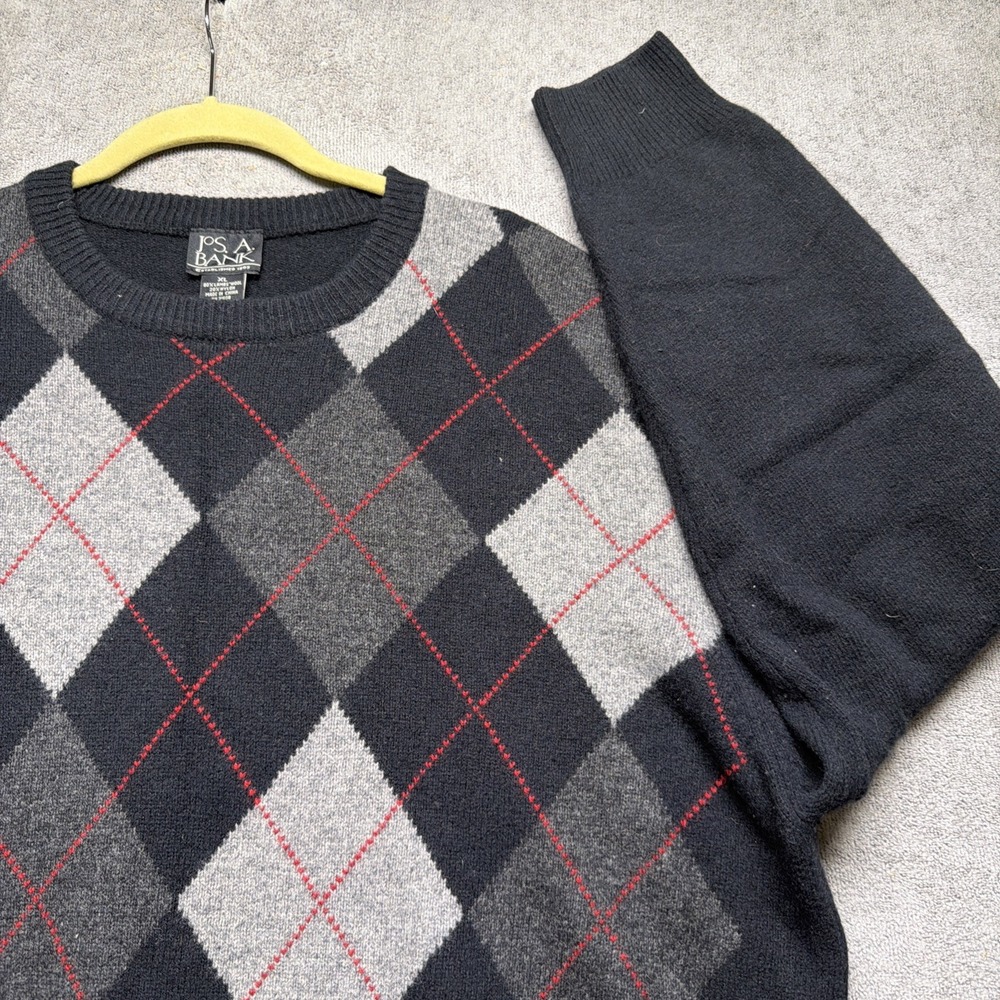 Mens Black Gray Argyle Lambswool Crewneck Sweater Preppy Classic XL
